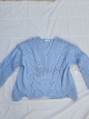 ANTHROPOLOGIE SWEATER RAMONA NWT BLUE V-neck Pullover Cable 7%Angora Knit